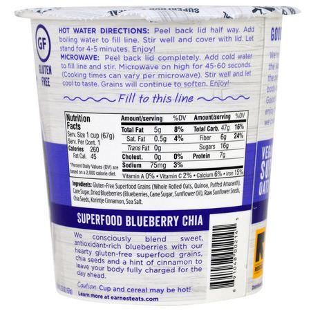 Earnest Eats, SuperFood Oatmeal Cup, Blueberry + Chia + Cinnamon, Superfood Blueberry Chia, 2.35 oz (67 g):الحب,ب الساخنة, دقيق الش,فان