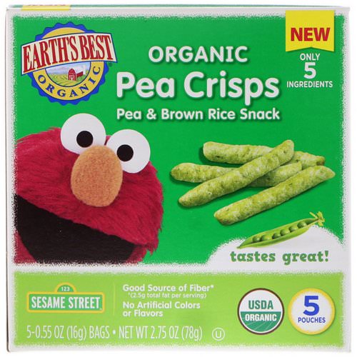 Earth's Best, Sesame Street, Organic Pea Crisps, Pea & Brown Rice Snack, 5 Pouches, 0.55 oz (16 g) Each فوائد