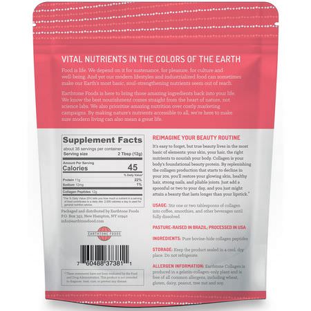 Earthtone Foods, Grass-Fed Collagen Peptides, Unflavored, 16 oz (454 g):الببتيدات, الجمال