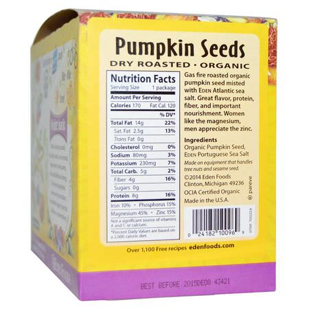 Eden Foods, Organic, Pocket Snacks, Pumpkin Seeds, Dry Roasted, 12 Packages, 1 oz (28.3 g) Each:ال,جبات الخفيفة, Pepitas