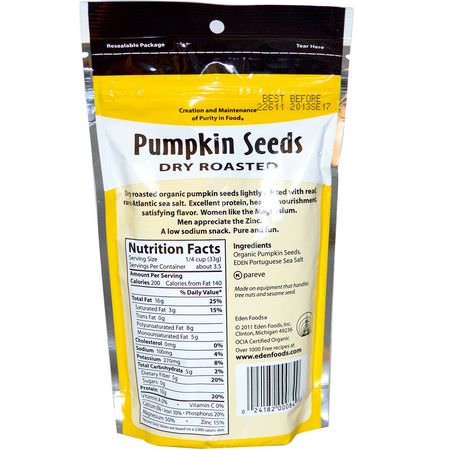Eden Foods, Organic, Pumpkin Seeds, Dry Roasted, 4 oz (113 g):ال,جبات الخفيفة, Pepitas
