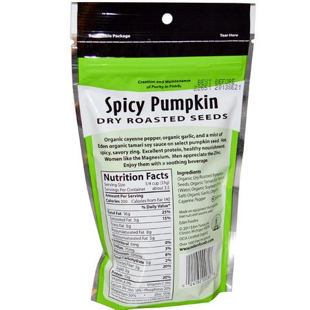 Eden Foods, Organic, Spicy Pumpkin Dry Roasted Seeds, 4 oz (113 g):Pepitas, بذ,ر القرع