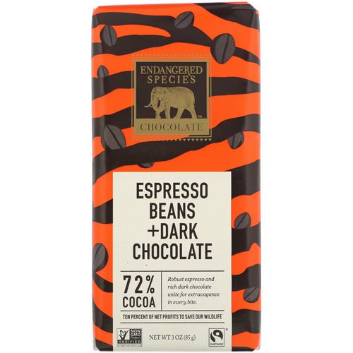 Endangered Species Chocolate, Espresso Beans + Dark Chocolate, 3 oz (85 g) فوائد