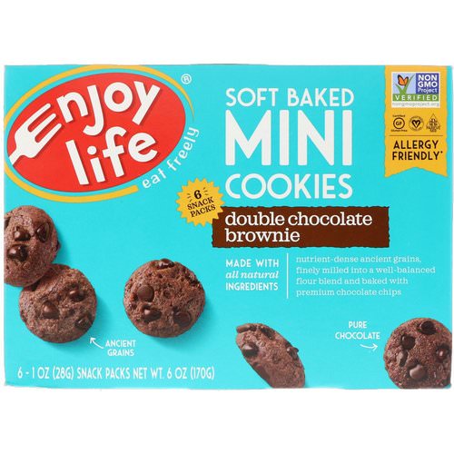 Enjoy Life Foods, Soft Baked Mini Cookies, Double Chocolate Brownie, 6 Snack Packs, 1 oz (28 g) Each فوائد