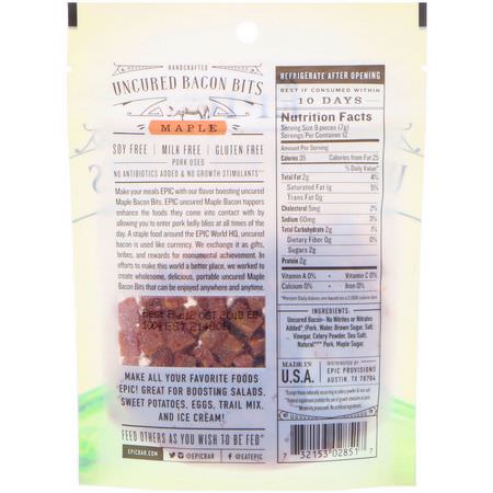 Epic Bar, Uncured Bacon Bits and Pork, Maple, 3 oz (85 g):Meat وجبات خفيفة, Jerky