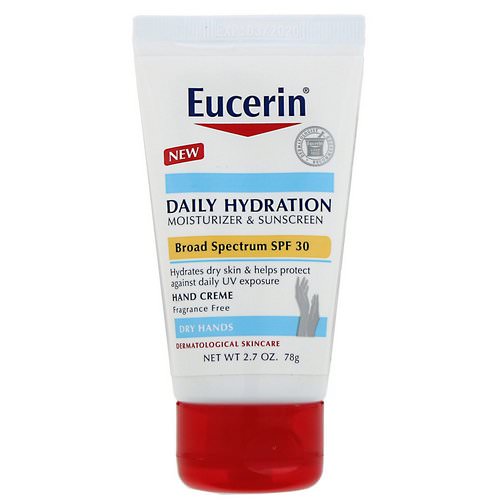 Eucerin, Daily Hydration Hand Creme, Moisturizer & Sunscreen, SPF 30, Fragrance Free, 2.7 oz (78 g) فوائد