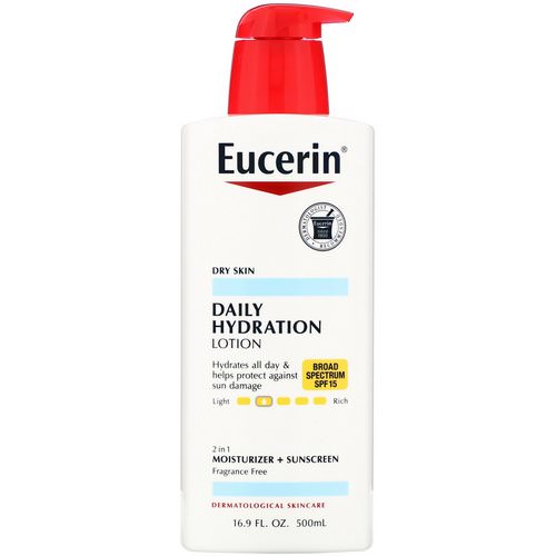 Eucerin, Lotion, Daily Hydration, Dry Skin, SPF 15 Sunscreen, Fragrance Free, 16.9 fl oz (500 ml) فوائد