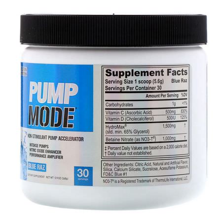 EVLution Nutrition, PumpMode, Non-Stimulant Pump Accelerator, Blue Raz, 5.9 oz (168 g):إضافات ما قبل التمرين