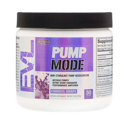 EVLution Nutrition, PumpMode, Non-Stimulant Pump Accelerator, Furious Grape, 5.3 oz (150 g) فوائد