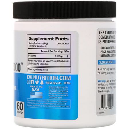 EVLution Nutrition, Glutamine5000, Unflavored, 5000 mg, 10.6 oz (300 g):L-Glutamine, أحماض أمينية