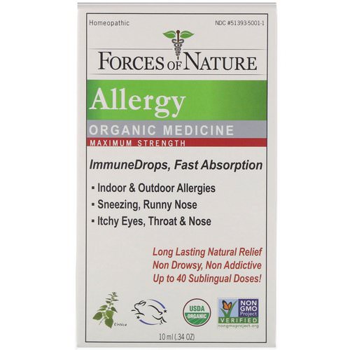 Forces of Nature, Allergy, Organic Medicine, ImmuneDrops, Maximum Strength, 0.34 oz (10 ml) فوائد