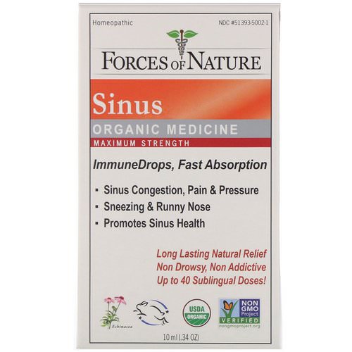 Forces of Nature, Sinus, Organic Medicine, ImmuneDrops, Maximum Strength, 0.34 oz (10 ml) فوائد