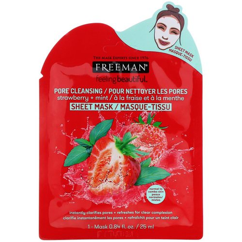 Freeman Beauty, Feeling Beautiful, Pore Cleansing Sheet Mask, Strawberry + Mint, 1 Mask فوائد