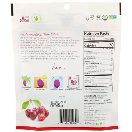 Fruit Bliss, Soft & Juicy Tart Cherries, Organic, Dried & Pitted, 4 oz (113 g):,جبات الخضر,ات الخفيفة, الكرز