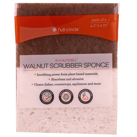 Full Circle, In A Nutshell, Walnut Scrubber Sponge, 2 Pack, 4.4