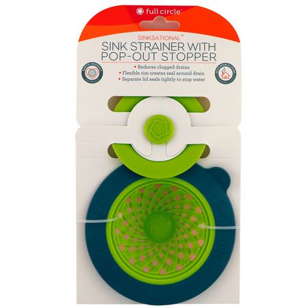 Full Circle, Sinksational, Sink Strainer with Pop-Out Stopper, Green & Slate, 1 Strainer & 1 Stopper:غسل الصح,ن, التنظيف