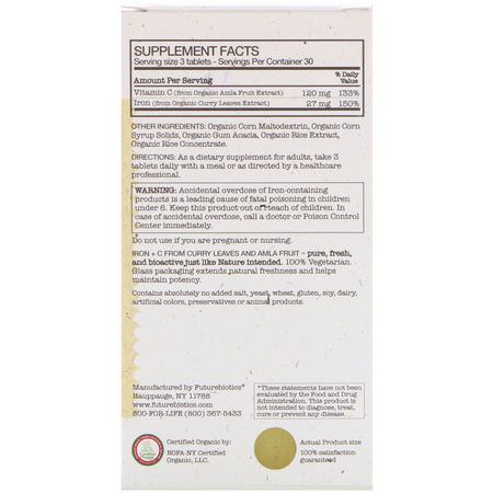 FutureBiotics, Certified Organic Iron + C, 90 Organic Vegetarian Tablets:فيتامين C, الفيتامينات