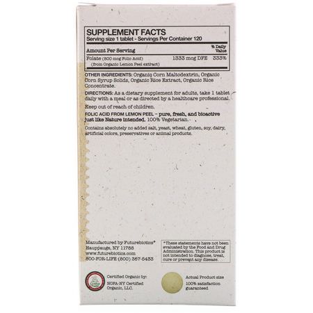 FutureBiotics, Folic Acid From Lemon Peel, 800 mcg, 120 Organic Vegetarian Tablets:حمض الف,ليك ,فيتامين ب