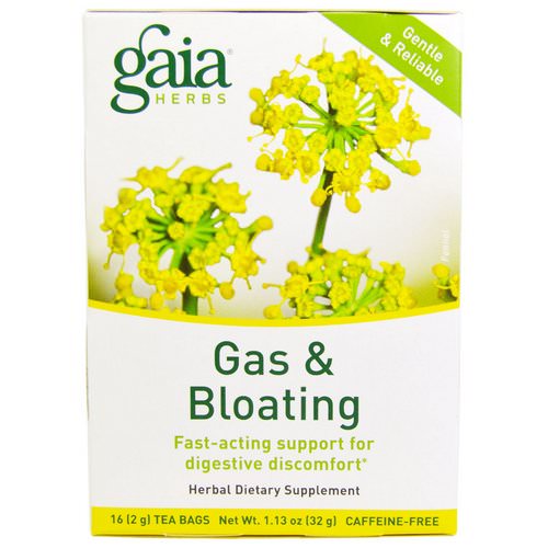 Gaia Herbs, Gas & Bloating, Caffeine-Free, 16 Tea Bags, 1.13 oz (32 g) فوائد