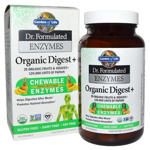 Garden of Life, Dr. Formulated Enzymes, Organic Digest +, Tropical Fruit Flavor, 90 Chewables فوائد