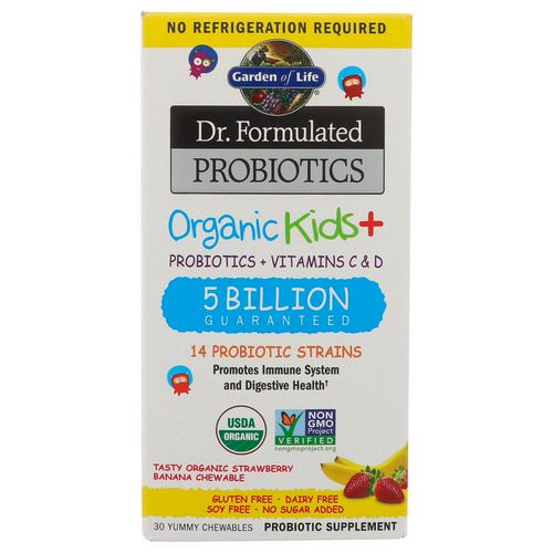 Garden of Life, Dr. Formulated Probiotics Organic Kids+, Probiotics + Vitamins C & D, 5 Billion, Tasty Organic Strawberry Banana, 30 Yummy Chewables فوائد