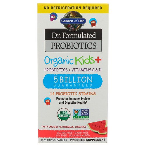 Garden of Life, Dr. Formulated Probiotics, Organic Kids+, Probiotics + Vitamins C & D, 5 Billion, Tasty Organic Watermelon, 30 Yummy Chewables فوائد