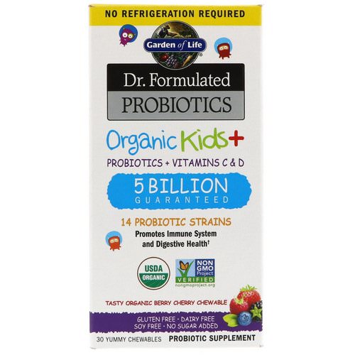 Garden of Life, Dr. Formulated Probiotics, Organic Kids +, Probiotics + Vitamins C & D, Tasty Organic Berry Cherry, 5 Billion, 30 Yummy Chewables فوائد