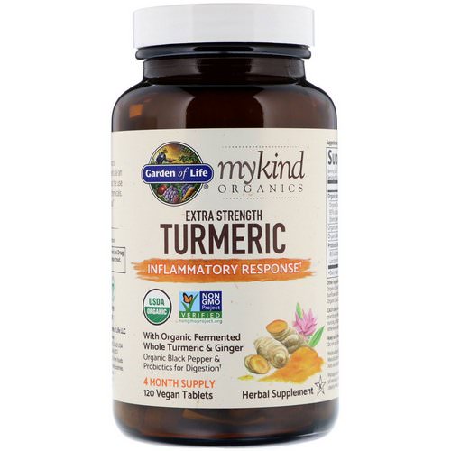 Garden of Life, MyKind Organics, Extra Strength Turmeric, Inflammatory Response, 120 Vegan Tablets فوائد