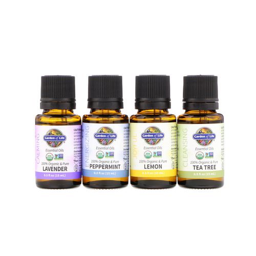 Garden of Life, Organic Essential Oil Starter Pack, Lavender, Peppermint, Lemon, Tea Tree, 4 Bottles, 0.5 fl oz (15 ml) Each فوائد