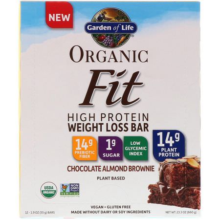 Garden of Life, Organic Fit, High Protein Weight Loss Bar, Chocolate Almond Brownie, 12 Bars, 1.9 oz (55 g) Each:أشرطة تخفيف ال,زن, نظام غذائي
