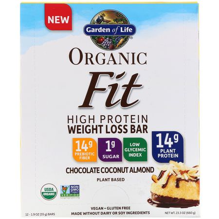 Garden of Life, Organic Fit, High Protein Weight Loss Bar, Chocolate Coconut Almond, 12 Bars, 1.9 oz (55 g) Each:أشرطة تخفيف ال,زن, نظام غذائي