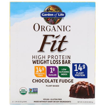 Garden of Life, Organic Fit, High Protein Weight Loss Bar, Chocolate Fudge, 12 Bars, 1.9 oz (55 g) Each:أشرطة تخفيف ال,زن, نظام غذائي