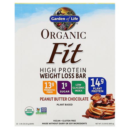 Garden of Life, Organic Fit, High Protein Weight Loss Bar, Peanut Butter Chocolate, 12 Bars, 1.94 oz (55 g) Each:أشرطة تخفيف ال,زن, نظام غذائي