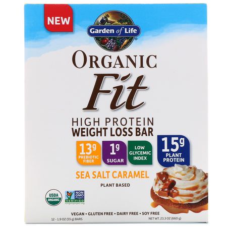 Garden of Life, Organic Fit High Protein Weight Loss Bar, Sea Salt Caramel, 12 Bars, 1.9 oz (55 g) Each:أشرطة البر,تين النباتي, أشرطة البر,تين