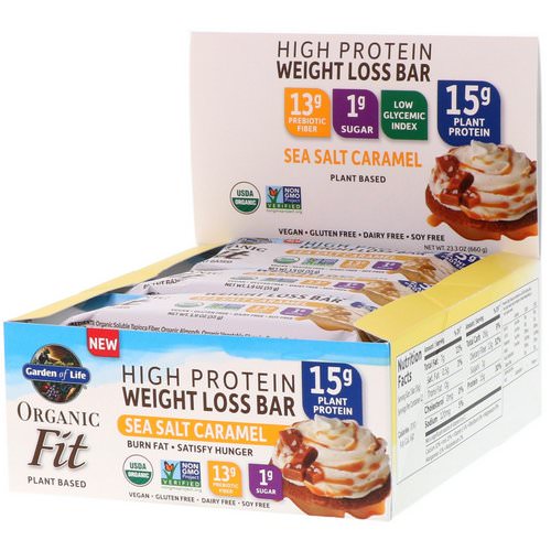 Garden of Life, Organic Fit High Protein Weight Loss Bar, Sea Salt Caramel, 12 Bars, 1.9 oz (55 g) Each فوائد