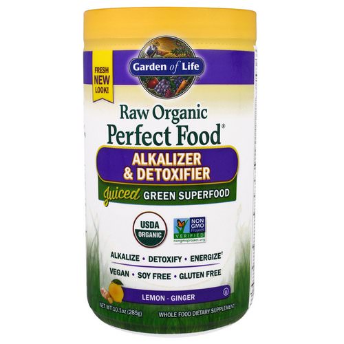 Garden of Life, Raw Organic Perfect Food, Alkalizer & Detoxifier, Lemon-Ginger, 10.1 oz (285 g) فوائد