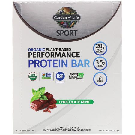 Garden of Life, Sport, Organic Plant-Based Performance Protein Bar, Chocolate Mint, 12 Bars, 2.5 oz (70 g) Each:أشرطة البر,تين النباتي, أشرطة البر,تين
