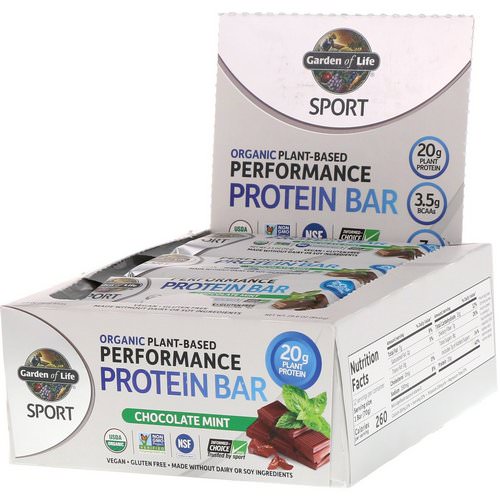 Garden of Life, Sport, Organic Plant-Based Performance Protein Bar, Chocolate Mint, 12 Bars, 2.5 oz (70 g) Each فوائد