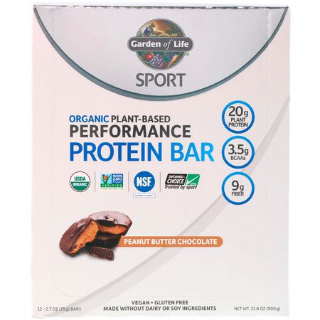 Garden of Life, Sport, Organic Plant-Based Performance Protein Bar, Peanut Butter Chocolate, 12 Bars, 2.7 oz (75 g) Each:أشرطة البر,تين النباتي, أشرطة البر,تين