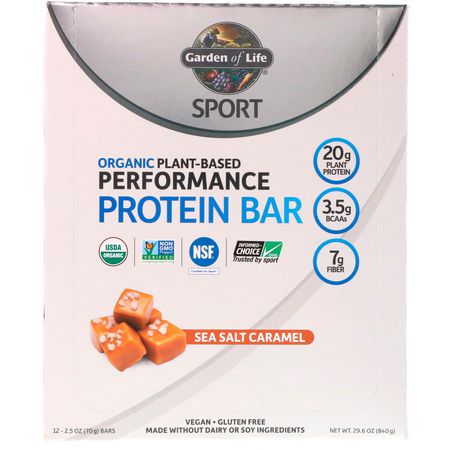 Garden of Life, Sport, Organic Plant-Based Performance Protein Bar, Sea Salt Caramel, 12 Bars, 2.5 oz (70 g) Each:أشرطة البر,تين النباتي, أشرطة البر,تين