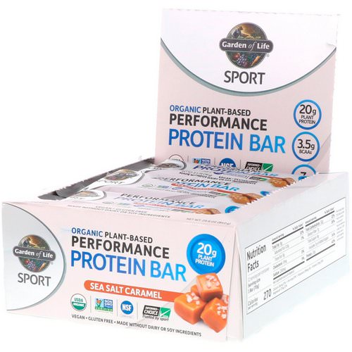 Garden of Life, Sport, Organic Plant-Based Performance Protein Bar, Sea Salt Caramel, 12 Bars, 2.5 oz (70 g) Each فوائد