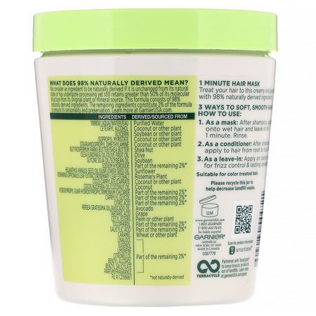 Garnier, Fructis, Smoothing Treat, 1 Minute Hair Mask + Avocado Extract, 13.5 fl oz (400 ml):أقنعة الشعر,العلاجات