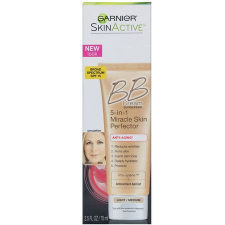 Garnier, SkinActive, 5-in-1 Miracle Skin Perfector BB Cream, Anti-Aging, Light/Medium, 2.5 fl oz (75 ml):BB - CC Creams, وجه