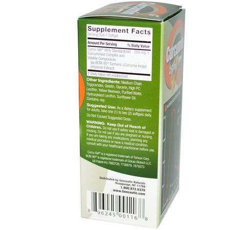 Genceutic Naturals, Curcumin, 250 mg, 60 Softgels:الكركمين, الكركم