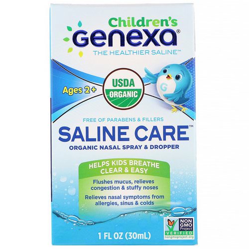 Genexa, Children's Saline Care, Organic Nasal Spray & Dropper, Ages 2+, 1 fl oz (30 ml) فوائد