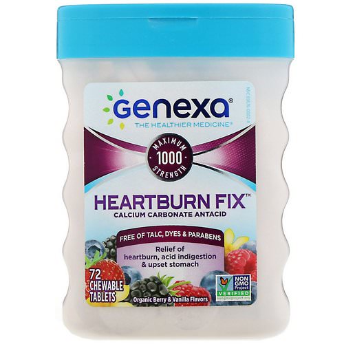 Genexa, Heartburn Fix, Calcium Carbonate Antacid, Organic Berry & Vanilla Flavors, 72 Chewable Tablets فوائد
