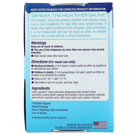Genexa, Infant Saline Care, Organic Nasal Spray & Dropper, Newborn+, 1 fl oz (30 ml):المضخّمات, بخاخات الأنف الطفل