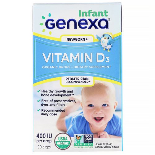 Genexa, Infant Vitamin D3, Newborn+, Organic Vanilla Flavor, 400 IU, 0.10 fl oz (3 ml) فوائد