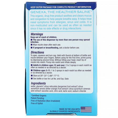 Genexa, Saline Care, Organic Nasal Spray, 0.5 fl oz (15 ml):المضخّمات, بخاخات الأنف الطفل