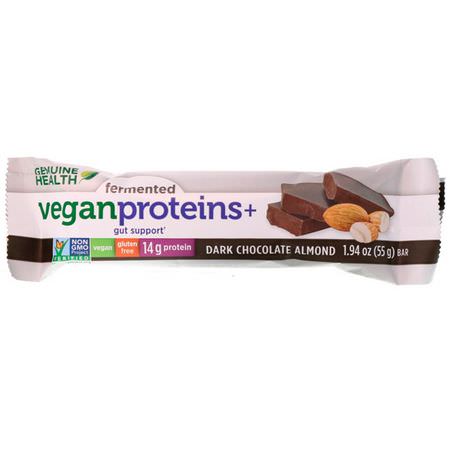 Genuine Health, Fermented Vegan Proteins+, Dark Chocolate Almond, 12 Protein Bars, 1.94 oz (55 g) Each:أشرطة البر,تين النباتي, أشرطة البر,تين